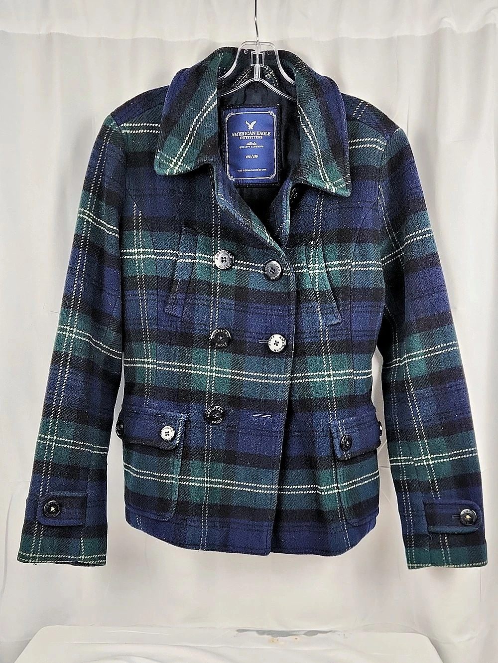 American Eagle Outfitters Women's Plaid Wool Blend Pea Coat M50